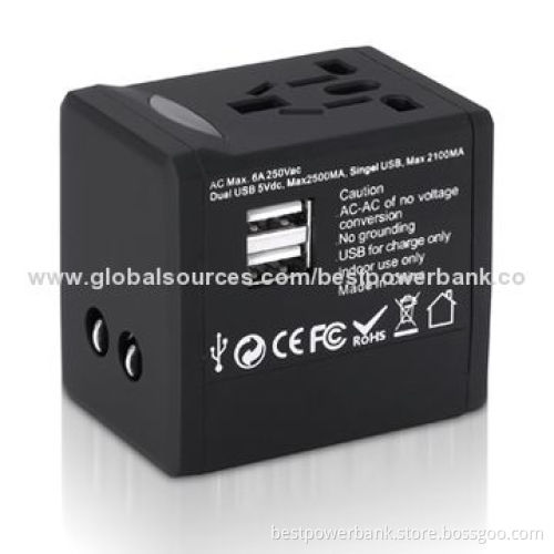 Colorful 2-USB Port International Universal Travel Adapters for Mobile Phone/Tablet, CE/RoHS/FCC/SGS